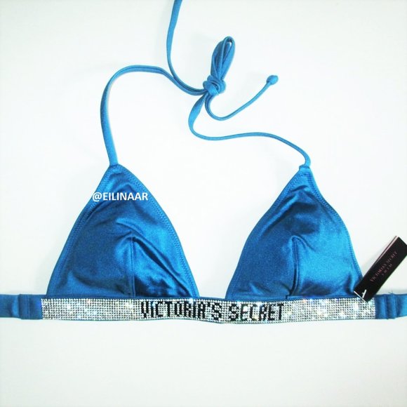 Victorias Secret Swim Shine Strap Bling Bikini Top Size S Logo Blue Small - Picture 2 of 5
